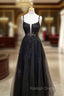 A-line Square Neckline Spaghetti Straps Long/Floor-Length Tulle Prom Dress With Glitter Beading Appliqued- Prom Dresses