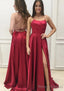 A-line Square Neckline Spaghetti Straps Sweep Train Charmeuse Prom Dresses With Pockets Split