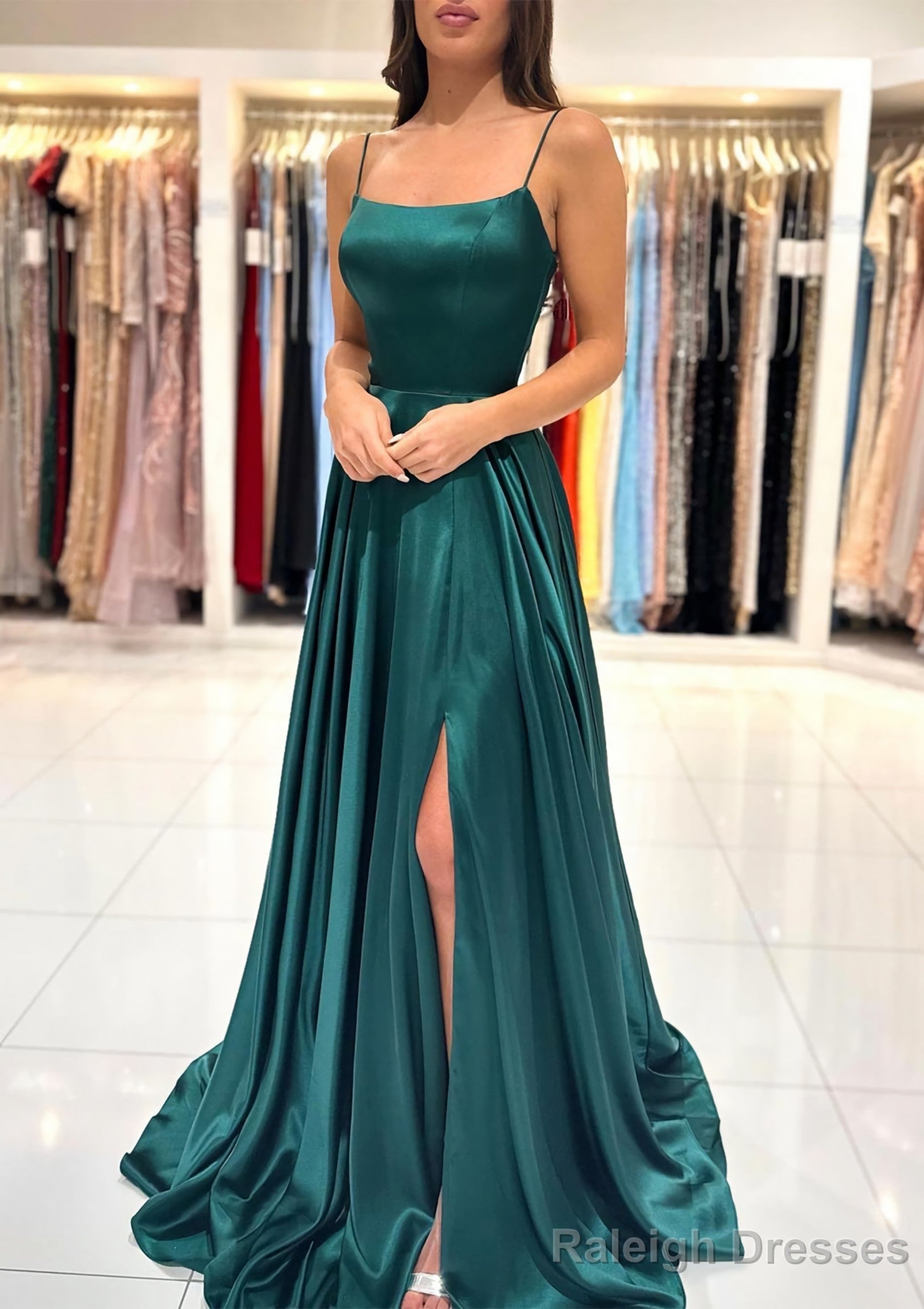 Watermelon Sweep/Brush Train Straps Square Neck Formal Dresses main image 1