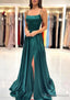 A Line Square Neckline Spaghetti Straps Sweep Train Charmeuse Prom Dress With Split