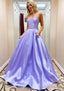 A Line Square Neckline Spaghetti Straps Sweep Train Satin Prom Dress With Beading Pockets