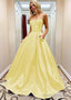 A Line Square Neckline Spaghetti Straps Sweep Train Satin Prom Dress With Beading Pockets