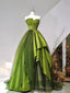 A-Line Strapless Green Satin Tulle Sweep Train Prom Evening Dresses