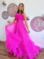 A Line Strapless Pink Tiered Long Tulle Prom Dress