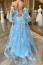 A Line Strapless Puff Long Sleeves Beaded Appliques Long Prom Dresses