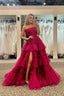 A Line Strapless Tulle Long Prom Dress with Tiered Ruffles