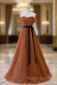 A Line Strapless Tulle Pleats Prom Dresses