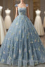 A Line Sweetheart Neck Lace Gray Blue Long Prom Dress, Gray Blue Sweet 16 Dress