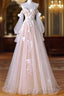 A-Line Sweetheart Neck Long Sleeve Lace Tulle Light Champagne Long Prom Dress