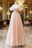 A-Line Sweetheart Neck Off Shoulder Tulle Pink Long Prom Dress, Pink Long Formal Dress