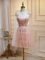 A Line Sweetheart Neck Pink Short Prom Dress Prom Puffy Pink Homecoming Dresses with Lace Applique Beading