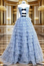 A-Line Sweetheart Neck Polka Dots Tulle Blue Long Prom Dress, Blue Long Formal Dress