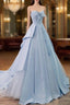 A Line Sweetheart Neck Satin Tulle Blue Long Prom Dress, Blue Prom Dress