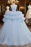 A-Line Sweetheart Neck Tulle Blue Long Prom Dress, Blue Long Evening Gown