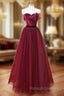 A-Line Sweetheart Neck Tulle Burgundy Long Prom Dress, Burgundy Long Formal Dress