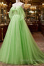A Line Sweetheart Neck Tulle Green Long Prom Dress, Green Tulle Long Prom Dress