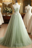 A Line Sweetheart Neck Tulle Lace Applique Green Long Prom Dress, Green Formal Dress