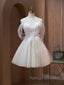 A Line Sweetheart Neck Tulle Lace Beige Short Prom Dresses Puffy Cute Homecoming Dresses