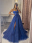 A-Line Sweetheart Neckline Tulle Lace Blue Long Ball Gowns Women Prom Dresses