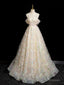 A-Line Sweetheart Neck Tulle Lace Champagne Long Prom Dresses