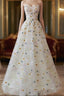 A Line Sweetheart Neck Tulle Lace Flower Beige Long Prom Dress, Beige Long Formal Dress