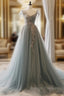 A Line Sweetheart Neck Tulle Lace Gray Blue Long Prom Dress, Gray Blue Formal Dress