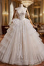 A Line Sweetheart Neck Tulle Lace Light Champagne Long Wedding Dress with Beads