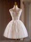 A-Line Sweetheart Neck Tulle Lace Light Champagne Short Prom Dresses With Beads