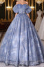 A-Line Sweetheart Neck Tulle Lace Long Prom Dress, Blue Sweet 16 Dress
