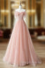 A Line Sweetheart Neck Tulle Lace Pink Long Prom Dresses Pink Prom Dresses