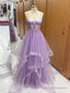 A-Line Sweetheart Neck Tulle Lace Purple Long Prom Dresses Purple Prom Dresses