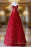 A-Line Sweetheart Neck Tulle Red Long Prom Dress, Red Long Graduation Dress with Beads