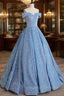 A Line Sweetheart Neck Velvet Sequin Blue Long Prom Dress, Blue Formal Dress