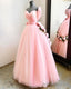 A-Line Sweetheart Pink Tulle Princess Wedding Dress With Peonies Flowers