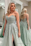 A Line Sweetheart Sage Green Tulle Lace Long Prom Dresses