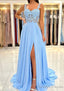A-line Sweetheart Sleeveless Sweep Train Chiffon Prom Dresses With Appliqued Split