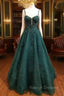 Dark Green Prom Dresses, A-line Sweetheart Spaghetti Straps Long/Floor-Length Tulle Prom Dress With Beading Glitter Appliqued