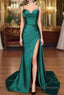 A-line Sweetheart Spaghetti Straps Sweep Train Silk like Satin Ruched Prom Dress- Prom Dresses