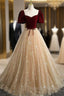 A Line Tulle and Velvet Short Sleeves Prom Dress, Sweetheart Long Prom Dress