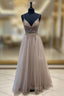A Line Tulle Beaded Long Prom Dresses Cute V Neck Prom Dresses