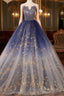 A-Line Tulle Blue Long Prom Dress, Blue Tulle Long Evening Dresses