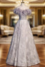A Line Tulle Feather Beading Prom Dresses