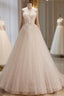 A Line Tulle Flower Light Champagne Long Prom Dresses, Shiny Formal Dresses