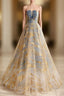 A Line Tulle Gold/Blue Long Prom Dresses Blue Prom Dresses