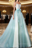 A Line Tulle Green Long Prom Dress, Green Graduation Dress with Sweep Train