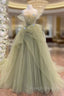 A-Line Tulle Green Long Prom Dress, Green Tulle Long Sweet 16 Dress
