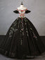 A- Line Tulle Lace Black Long Prom Dresses Black Lace Sweet 16 Dresses
