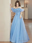 A-Line Tulle Lace Blue Long Prom Dresses Blue Prom Dress