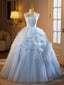 A-Line Tulle Lace Blue Long Prom Dress, Blue Long Sweet 16 Dress