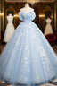 A Line Tulle Lace Blue Long Prom Dress, Off Shoulder Blue Long Sweet 16 Dress